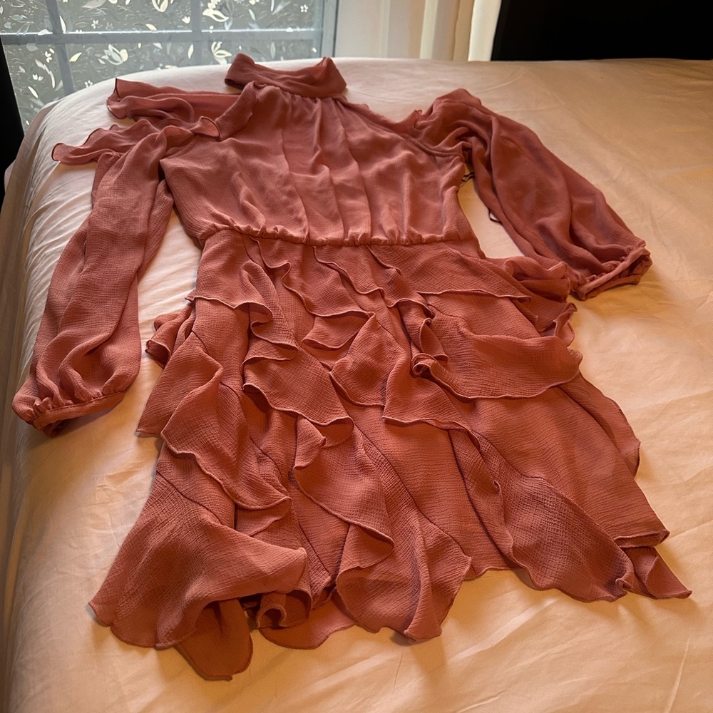 ZARA WOMAN HIGH COLLAR RUFFLED MINI DRESS MARSALA Size : Large, P2P: 17 inches - Picture 8 of 11